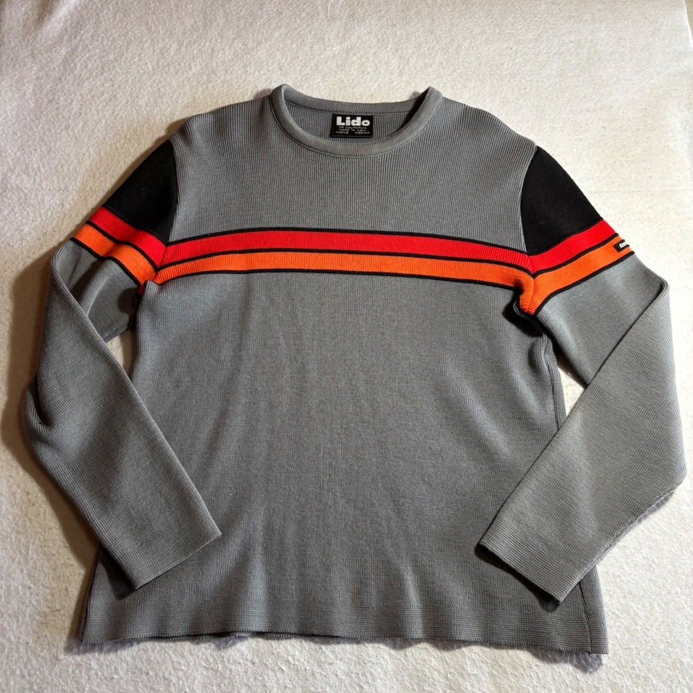 Vintage Lido Of California Mens M Grey Red Stripe‎ Long Sleeve Sweater Made USA